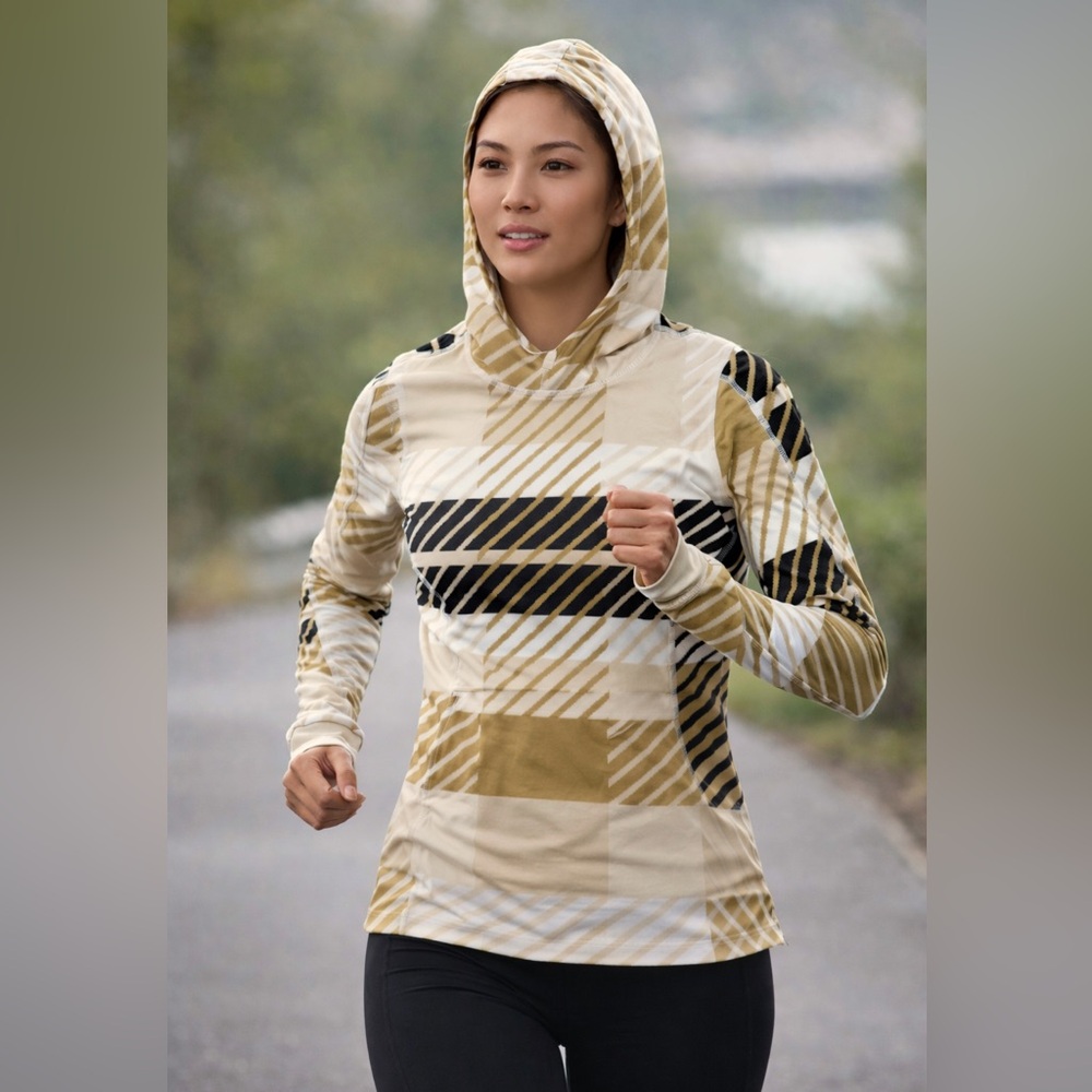 FP movement misty morning patterned active Hoodie brown plaid color, Medium